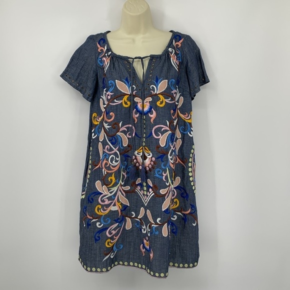 Holding Horses Folklore embroidered chambray denim shift dress blue floral 0 - Picture 1 of 8